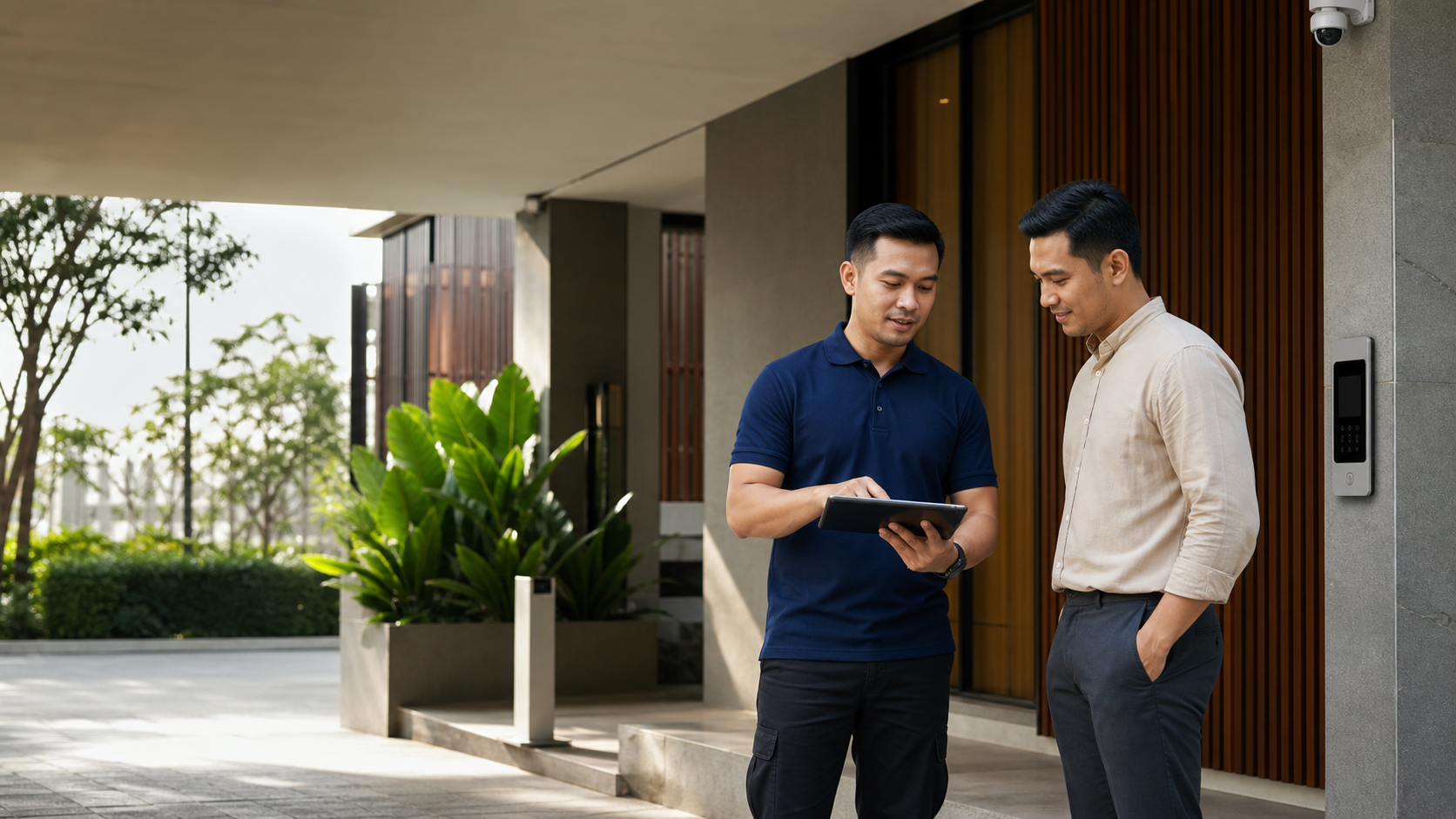 A Stratel security professional reviewing an integrated security installation with a property manager